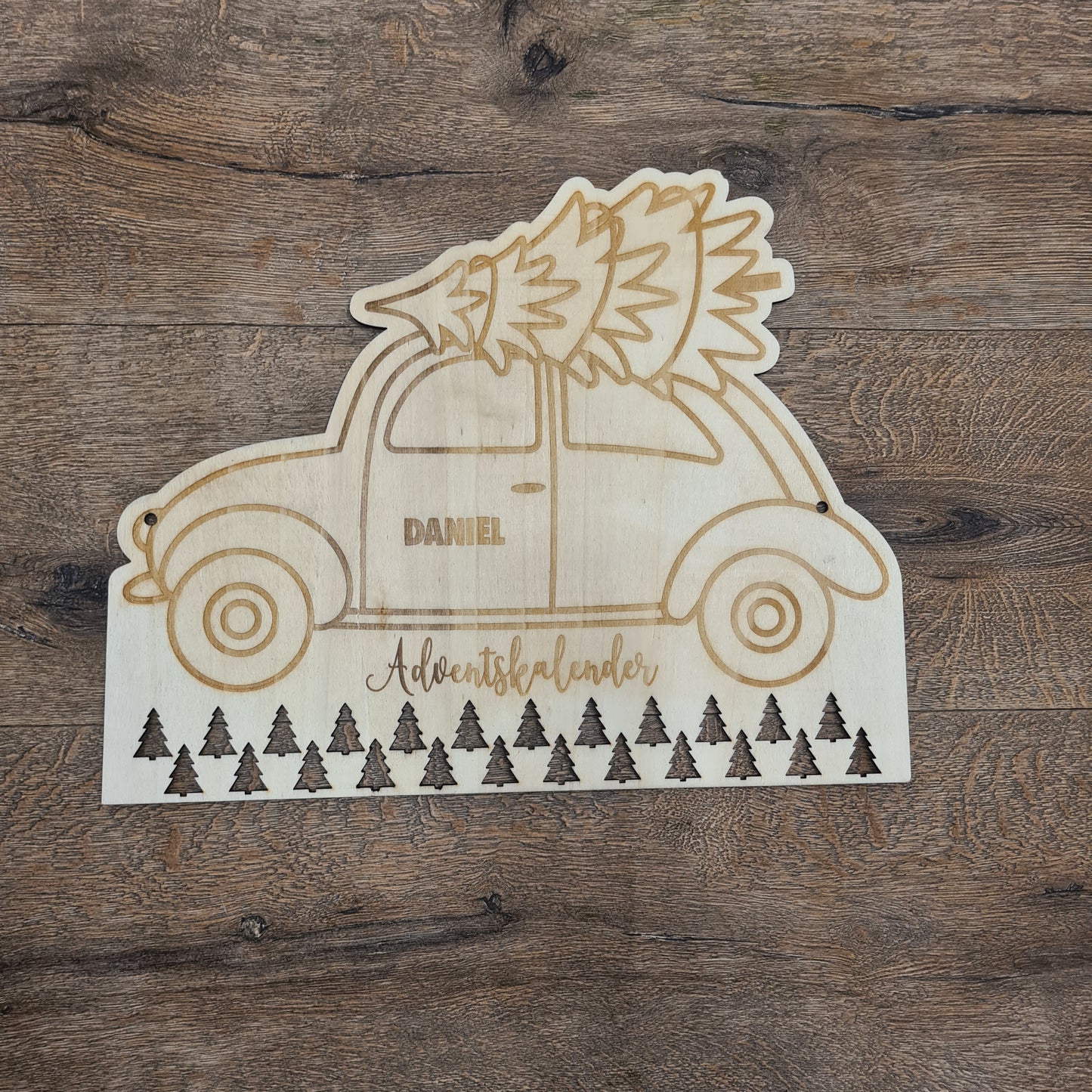 Personalisierter Adventskalender mit Namen, Weihnachtensauto mit Tannenbaum, Adventskalender aus Holz, Jutesäcke, zum Befüllen, Kinder