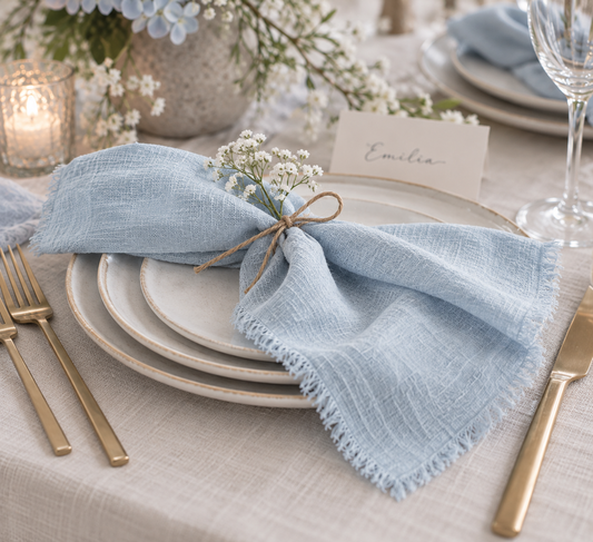 Vintage Stoffserviette aus Baumwolle mit Fransen | Blau | Miete