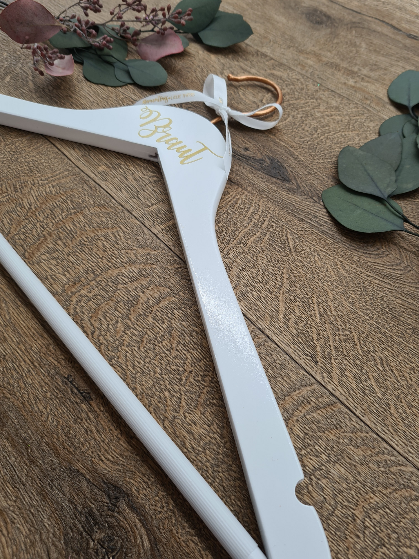 Wedding dress Hanger for Bride with Copper Hook and Gold Text with "Braut"