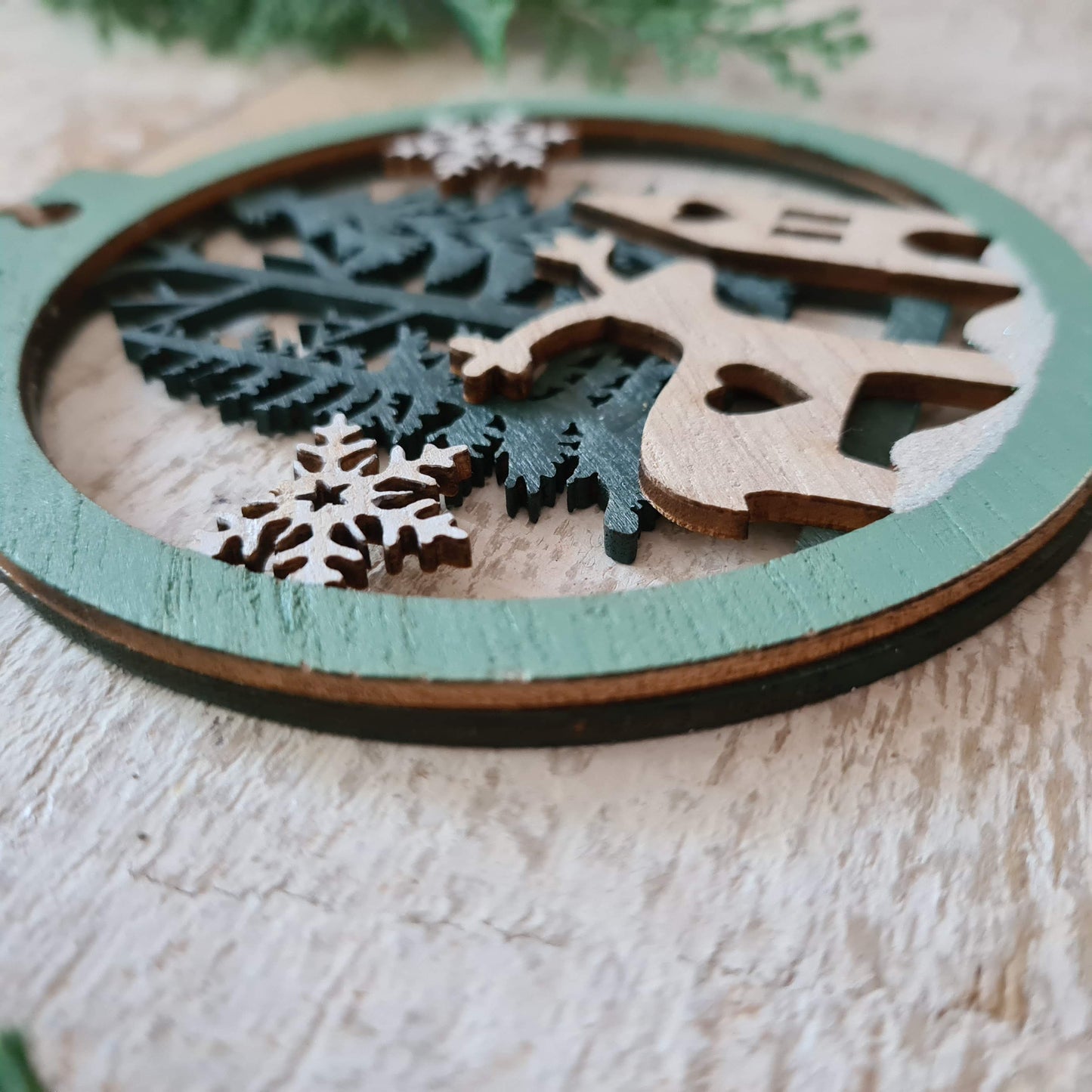 Wooden Ornaments in a Christmas Ball Shape with a 3D Effect Hand-painted Winter Wonderland with reindeer Christmas forest