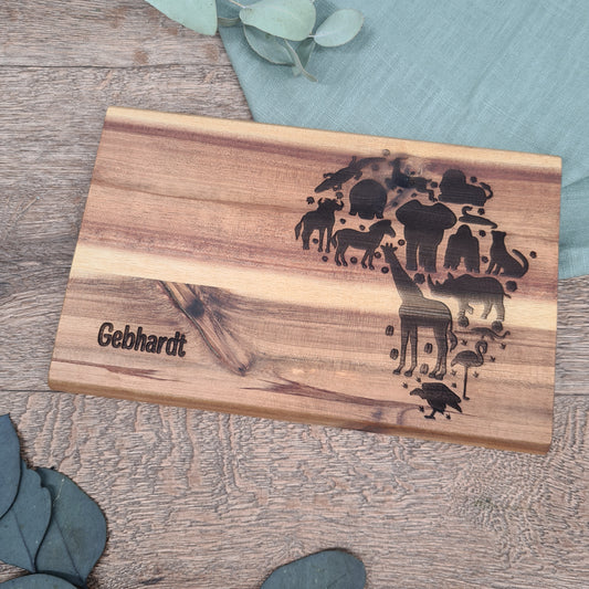 Frühstücks- oder Abendbrotbrett mit südafrikanischen Tieren und Karte