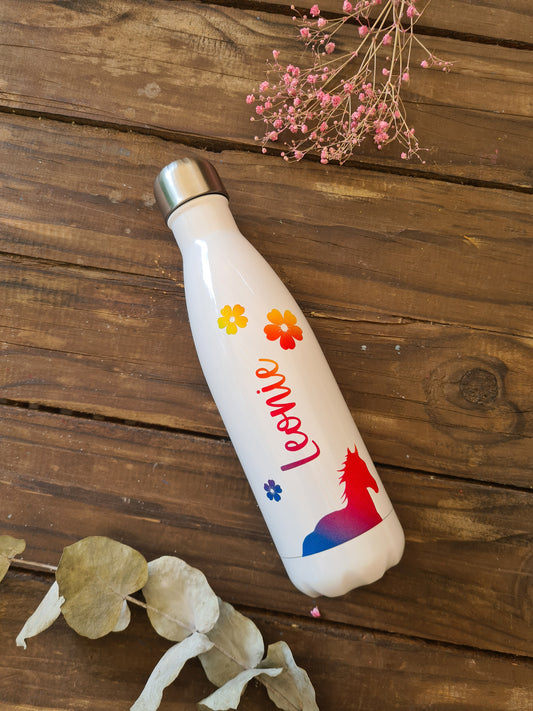 Personalisierte Pferde- und Blumen-Vakuumflaschen in Weiß mit Regenbogenfarben, Kinder, 500ml, heiß und kalt