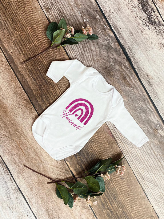 Rainbow Pink Glitter Onesie with Personalised Name