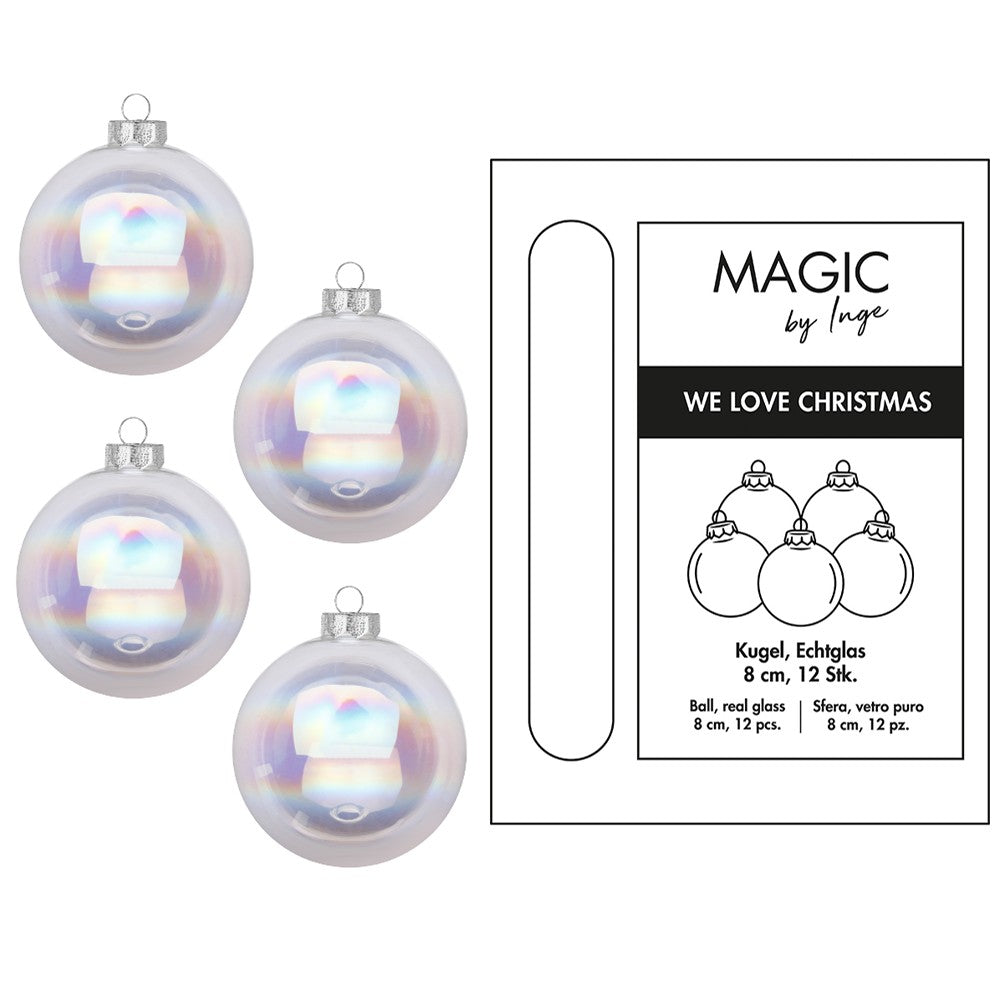 MAGIC by Inge Christbaumschmuck, Weihnachtskugeln Glas 8cm 12 Stück - Klar Irisierend