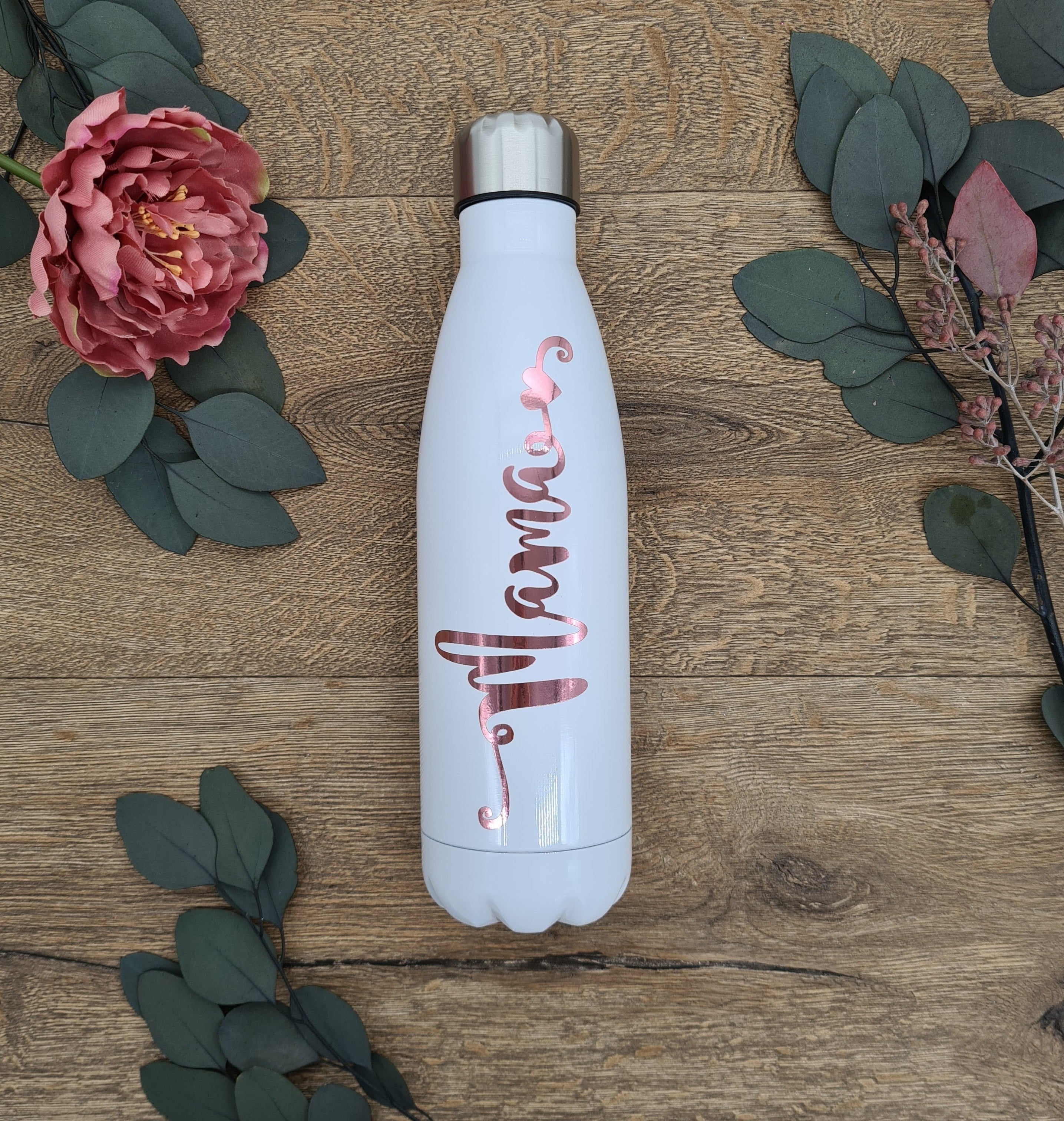 Rose Gold Name on a White Thermo Bottle