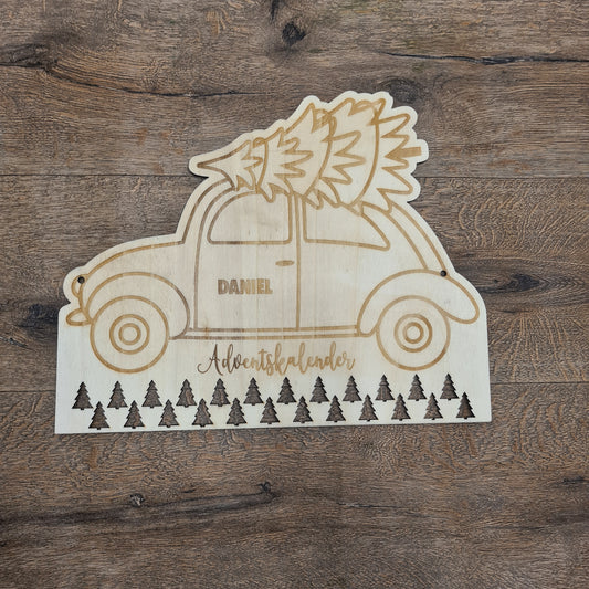 Personalisierter Adventskalender mit Namen, Weihnachtensauto mit Tannenbaum, Adventskalender aus Holz, Jutesäcke, zum Befüllen, Kinder