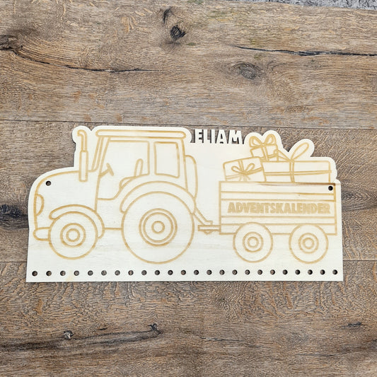 Personalisierter Adventskalender mit Namen, Weihnachtenstraktor mit Geschenke, Adventskalender aus Holz, Jutesäcke, zum Befüllen, Kinder