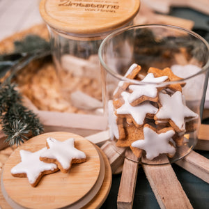 Glasbehälter mit graviertem Bambusdeckel – „Für Dich Hole Ich Die Zimtsterne Vom Himmel“ | Nachhaltiger 10cm Aufbewahrungsbehälter für Weihnachtsleckereien