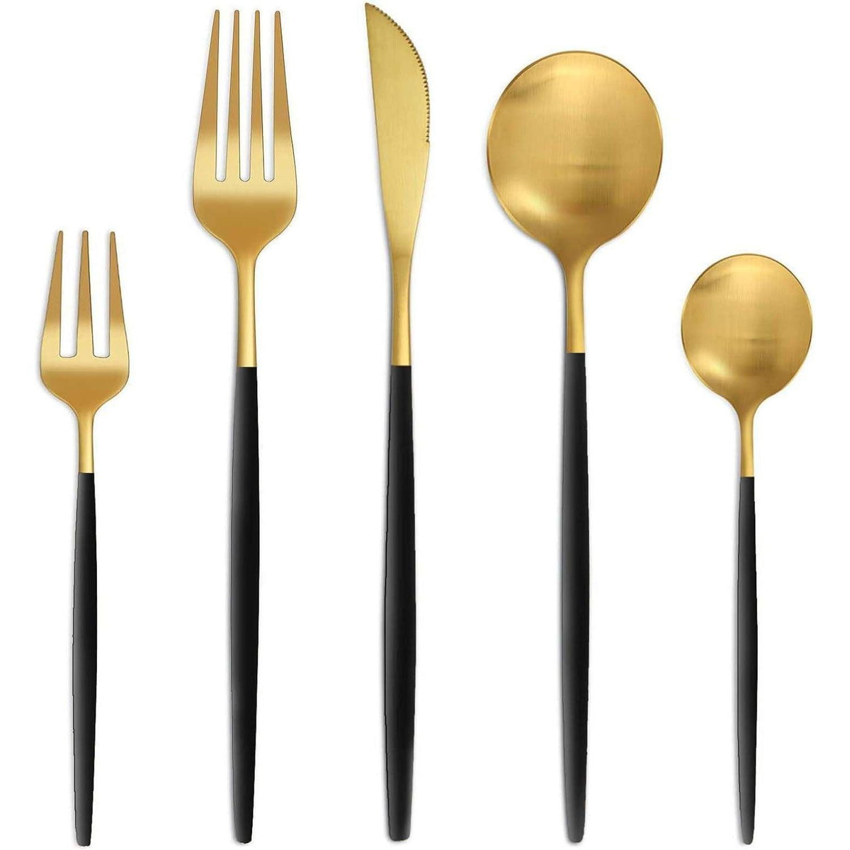 Modernes, fünf­teiliges Besteckset in Schwarz und Gold mit mattschwarzen, schlanken Griffen und goldfarbenen Besteckköpfen. Das Set besteht aus zwei Gabeln, einem Messer sowie einem Ess- und einem Teelöffel – ideal für elegante Hochzeiten und stilvolle Tischdekorationen.