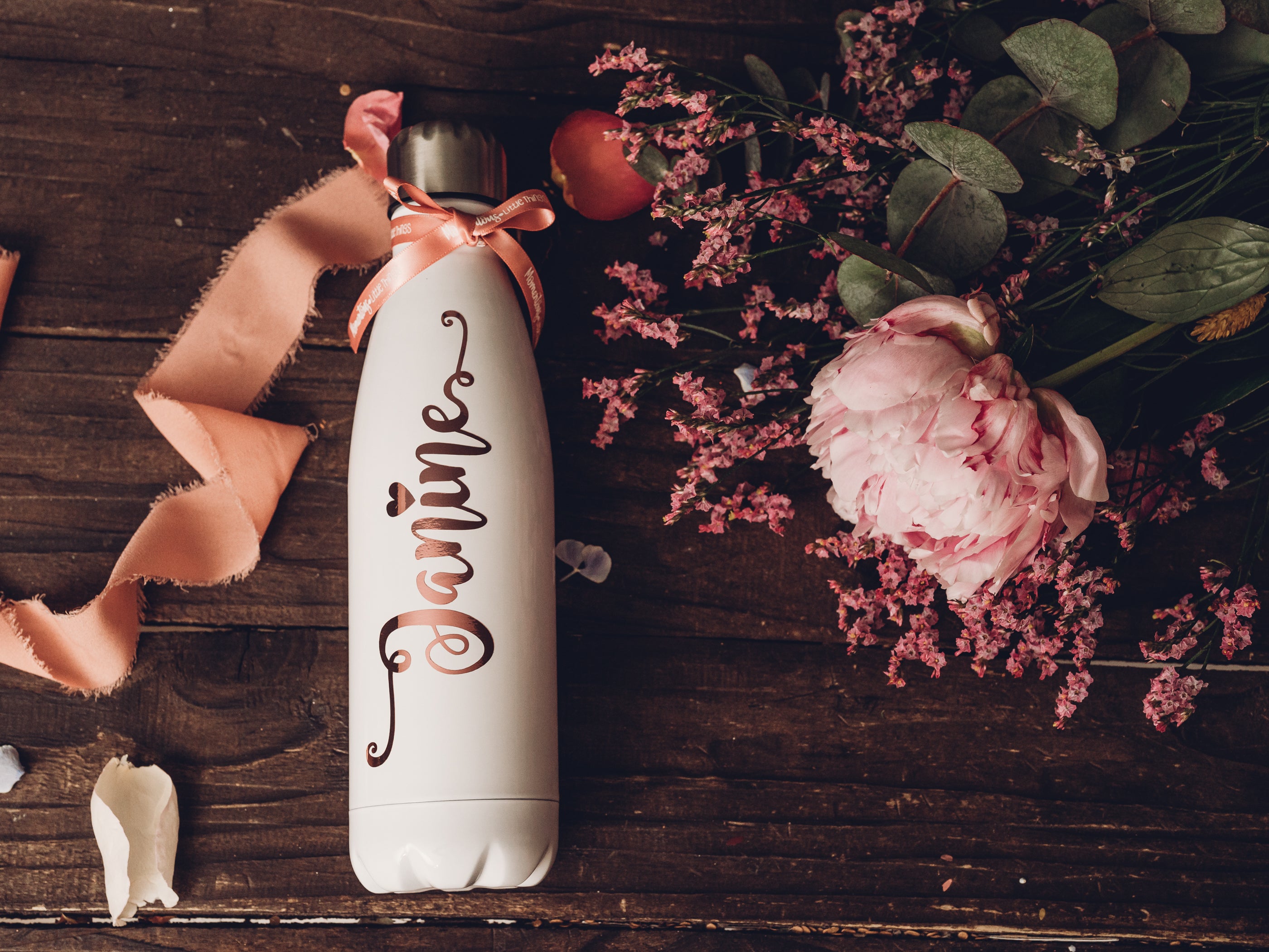 Rose Gold Name on a White Thermo Bottle