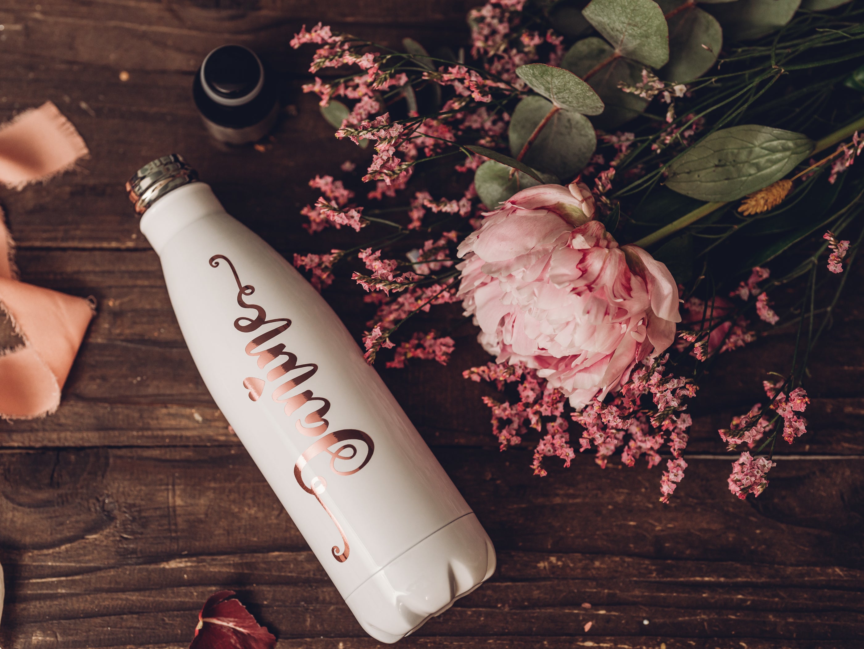 Rose Gold Name on a White Thermo Bottle