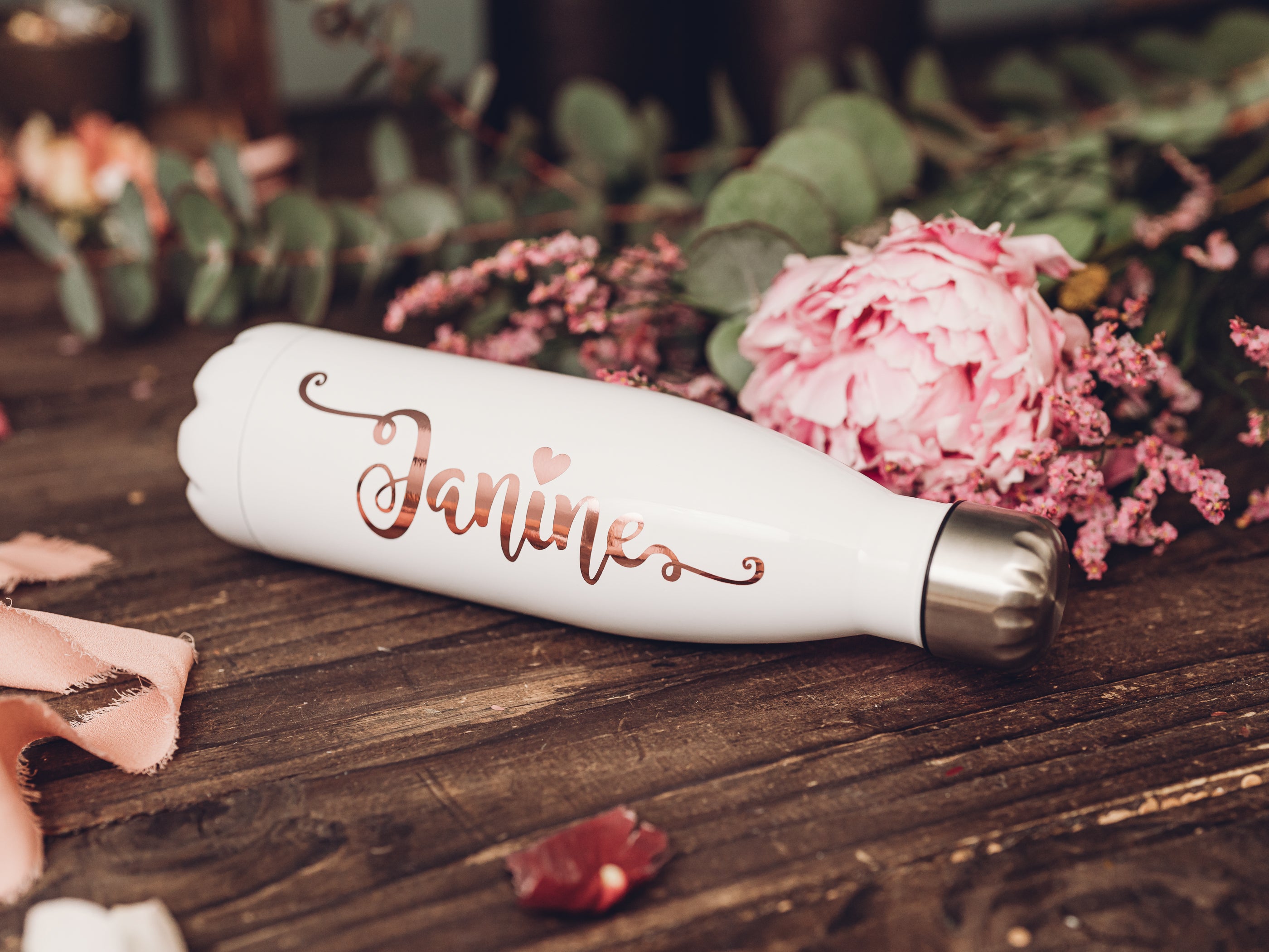 Rose Gold Name on a White Thermo Bottle