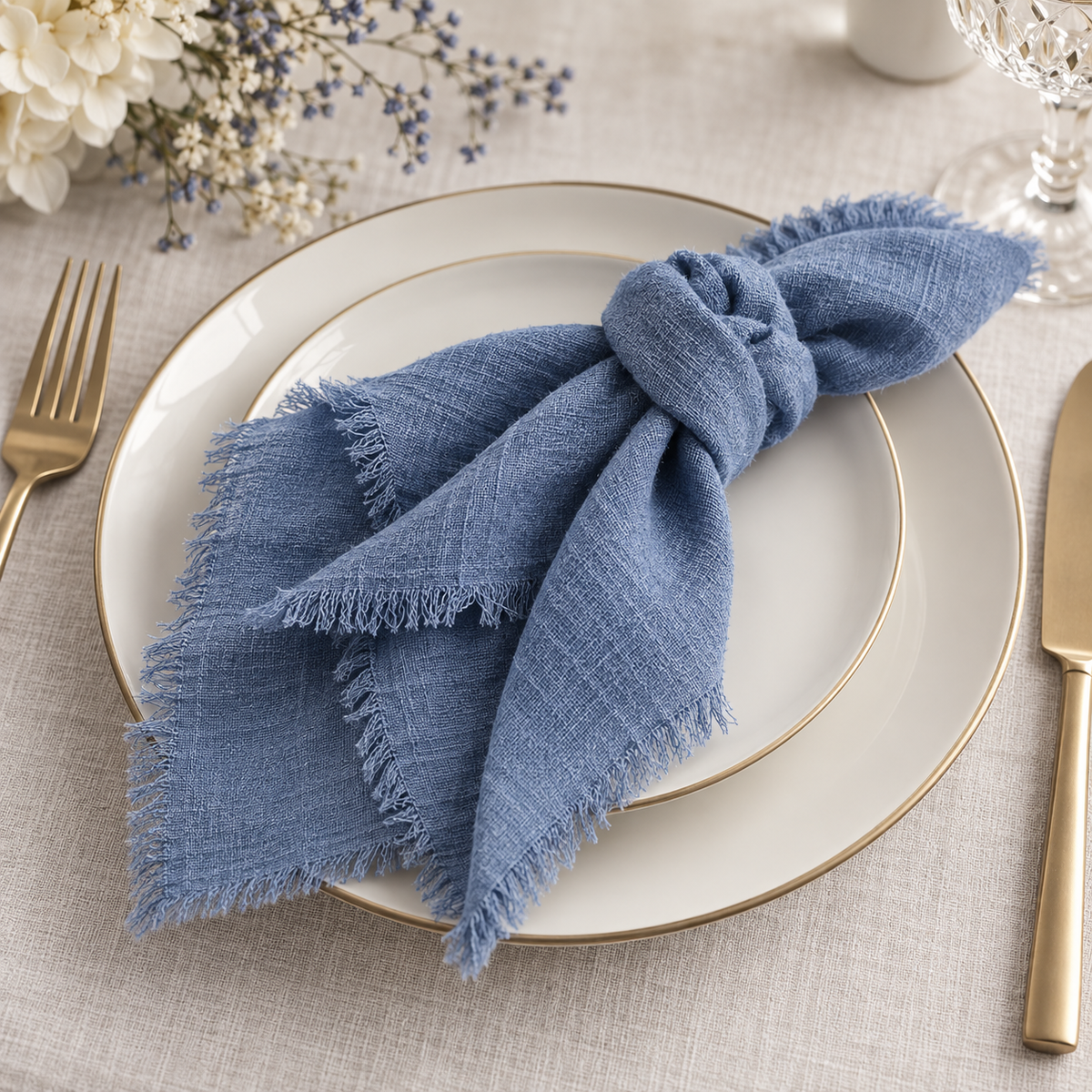 Vintage Stoffserviette aus Baumwolle mit Fransen | Blau | Miete