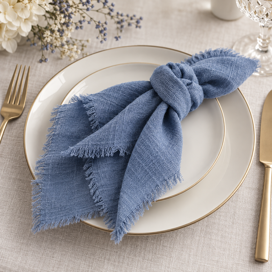 Vintage Stoffserviette aus Baumwolle mit Fransen | Blau | Miete