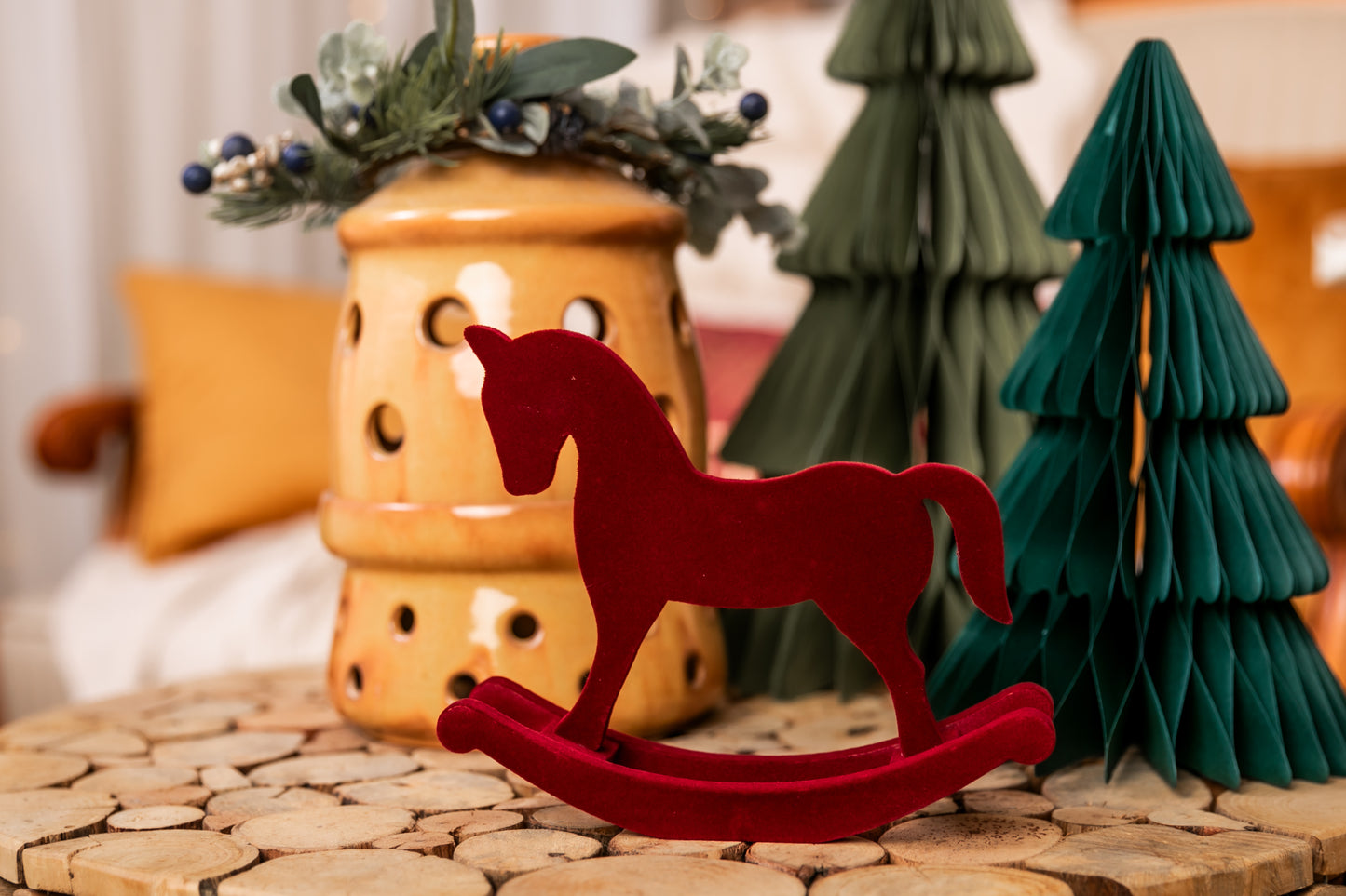 Personalized Christmas Rocking Horse in Red Velvet, Made from Wood, 15cm, with Name in White, Baby's 1st Christmas