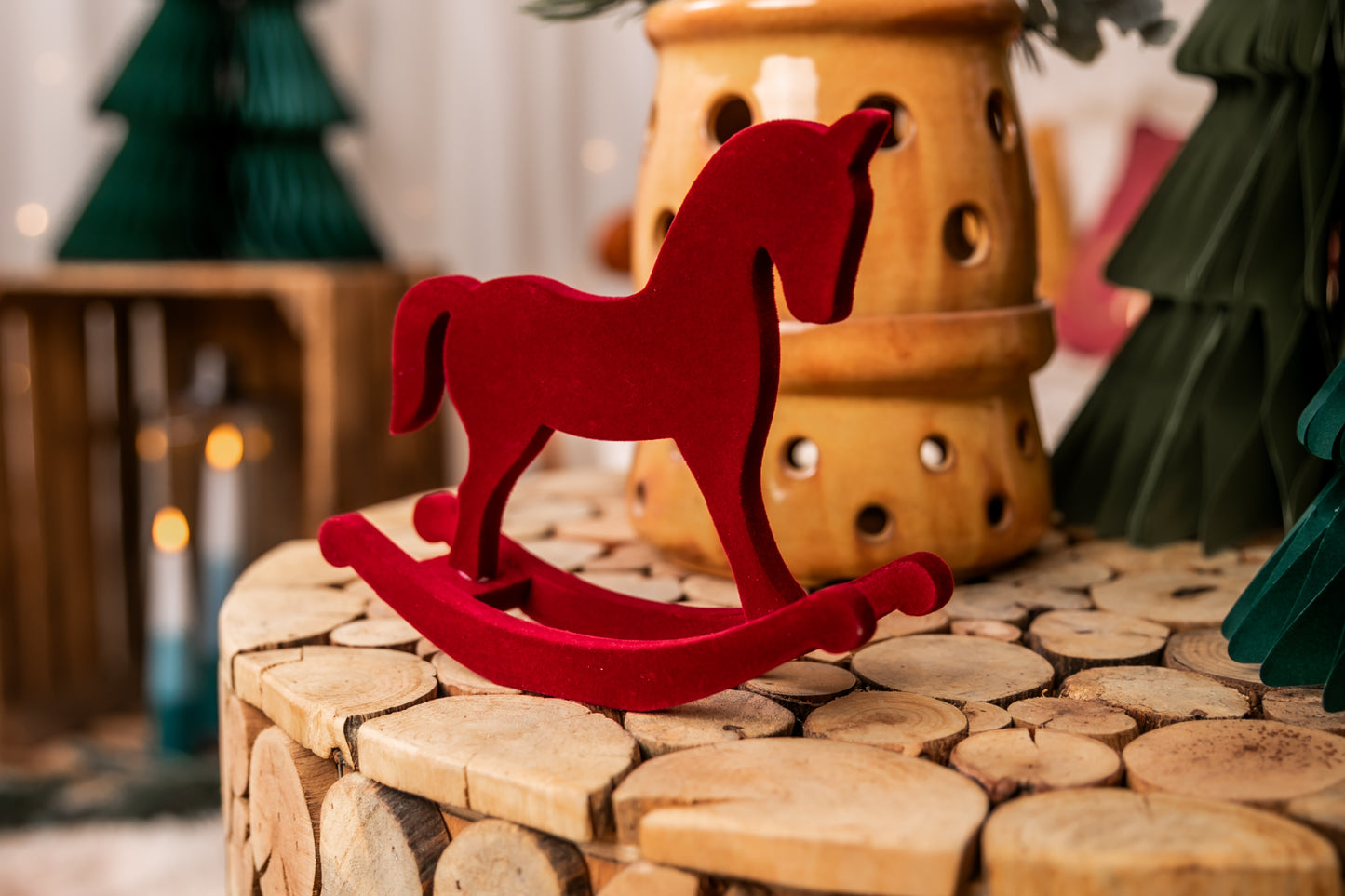 Personalized Christmas Rocking Horse in Red Velvet, Made from Wood, 15cm, with Name in White, Baby's 1st Christmas