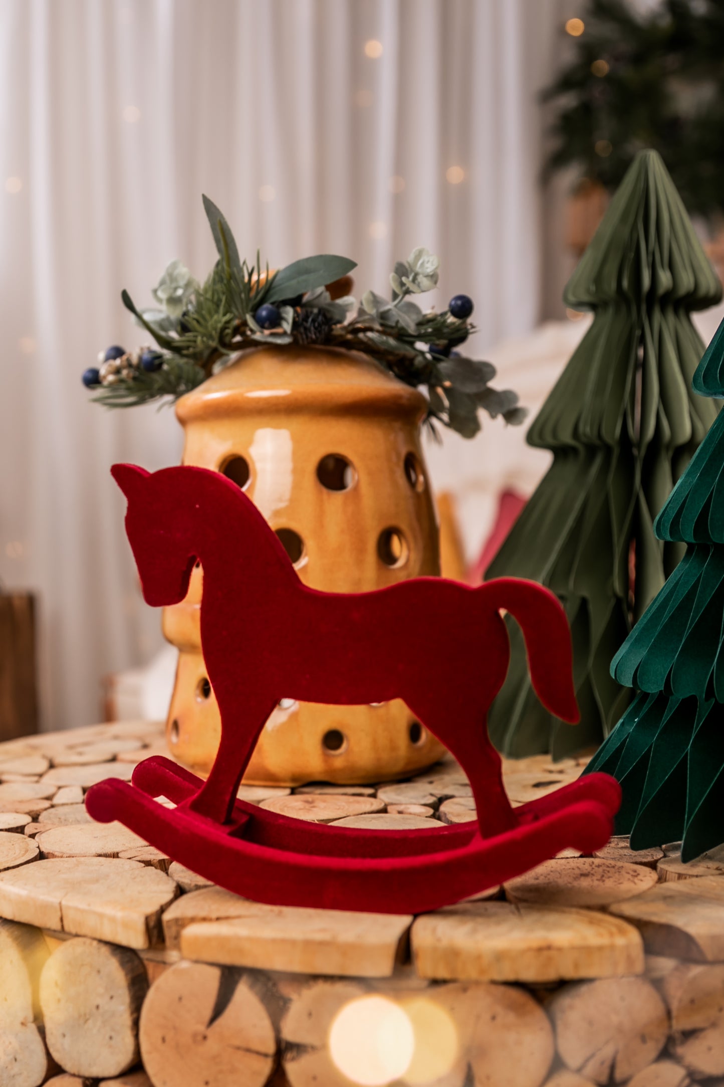 Personalized Christmas Rocking Horse in Red Velvet, Made from Wood, 15cm, with Name in White, Baby's 1st Christmas