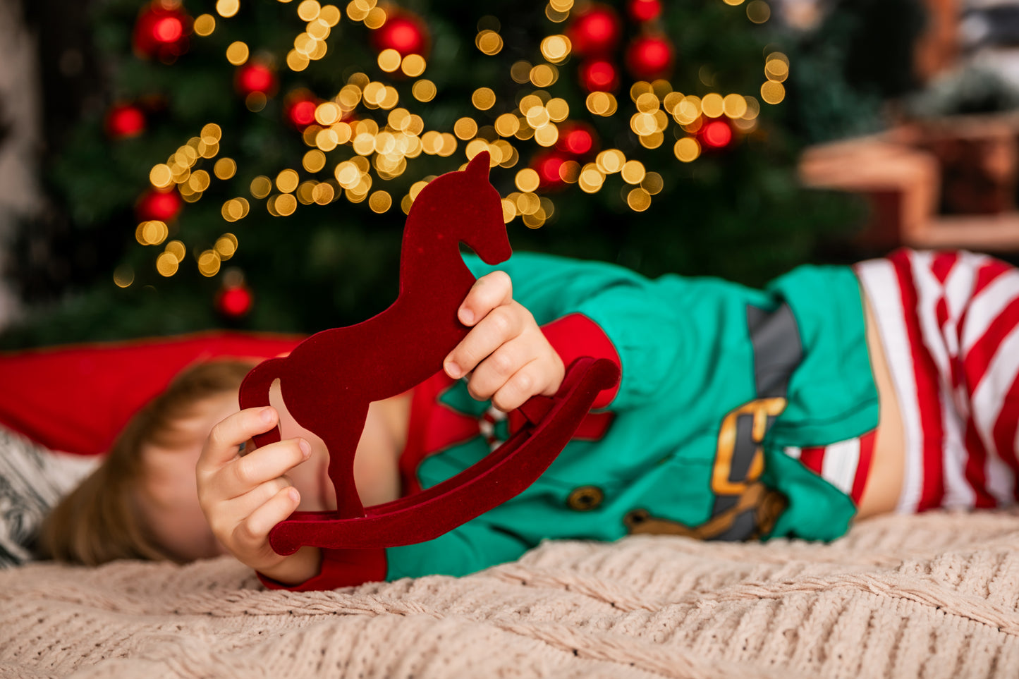 Personalized Christmas Rocking Horse in Red Velvet, Made from Wood, 15cm, with Name in White, Baby's 1st Christmas