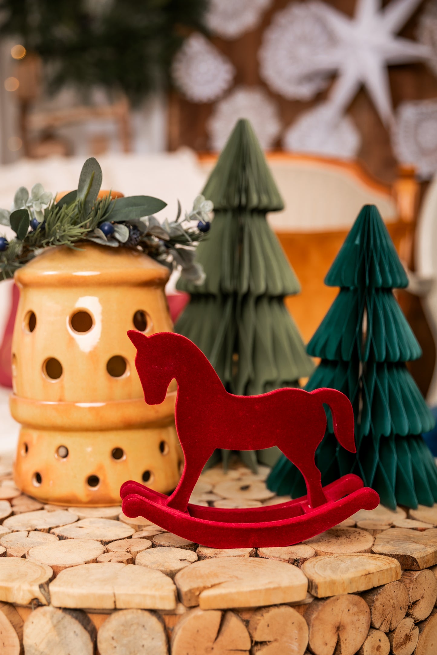 Personalized Christmas Rocking Horse in Red Velvet, Made from Wood, 15cm, with Name in White, Baby's 1st Christmas