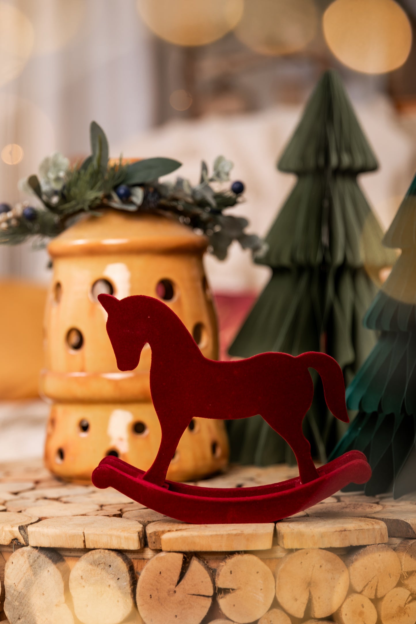 Personalized Christmas Rocking Horse in Red Velvet, Made from Wood, 15cm, with Name in White, Baby's 1st Christmas
