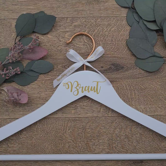 Wedding dress Hanger for Bride with Copper Hook and Gold Text with "Braut"