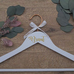 Load and play video in Gallery viewer, Wedding dress Hanger for Bride with Copper Hook and Gold Text with &quot;Bride&quot;
