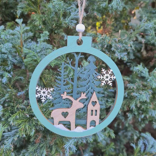 Set of 2 Wooden Ornaments in a Christmas Ball Shape with a 3D Effect Hand-painted Winter Wonderland with reindeer Christmas forest