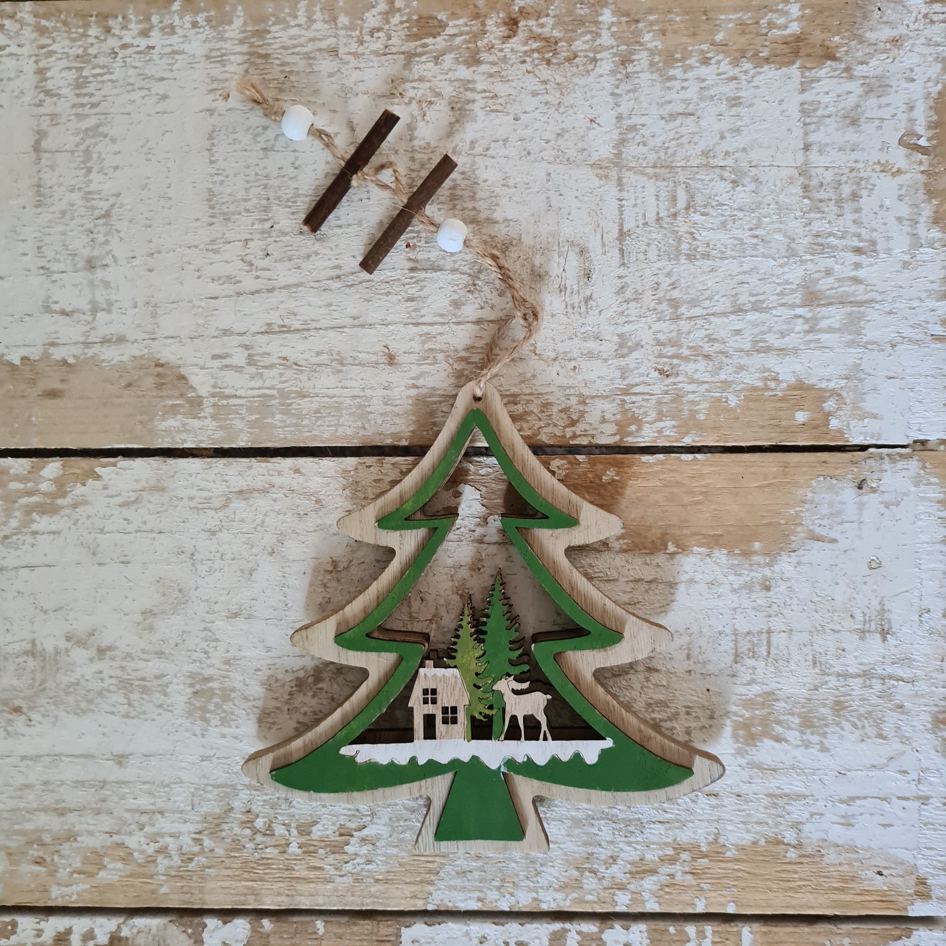 Large 3D Wood Christmas Tree Ornament with Hand-painted Winter Wonderland Scene