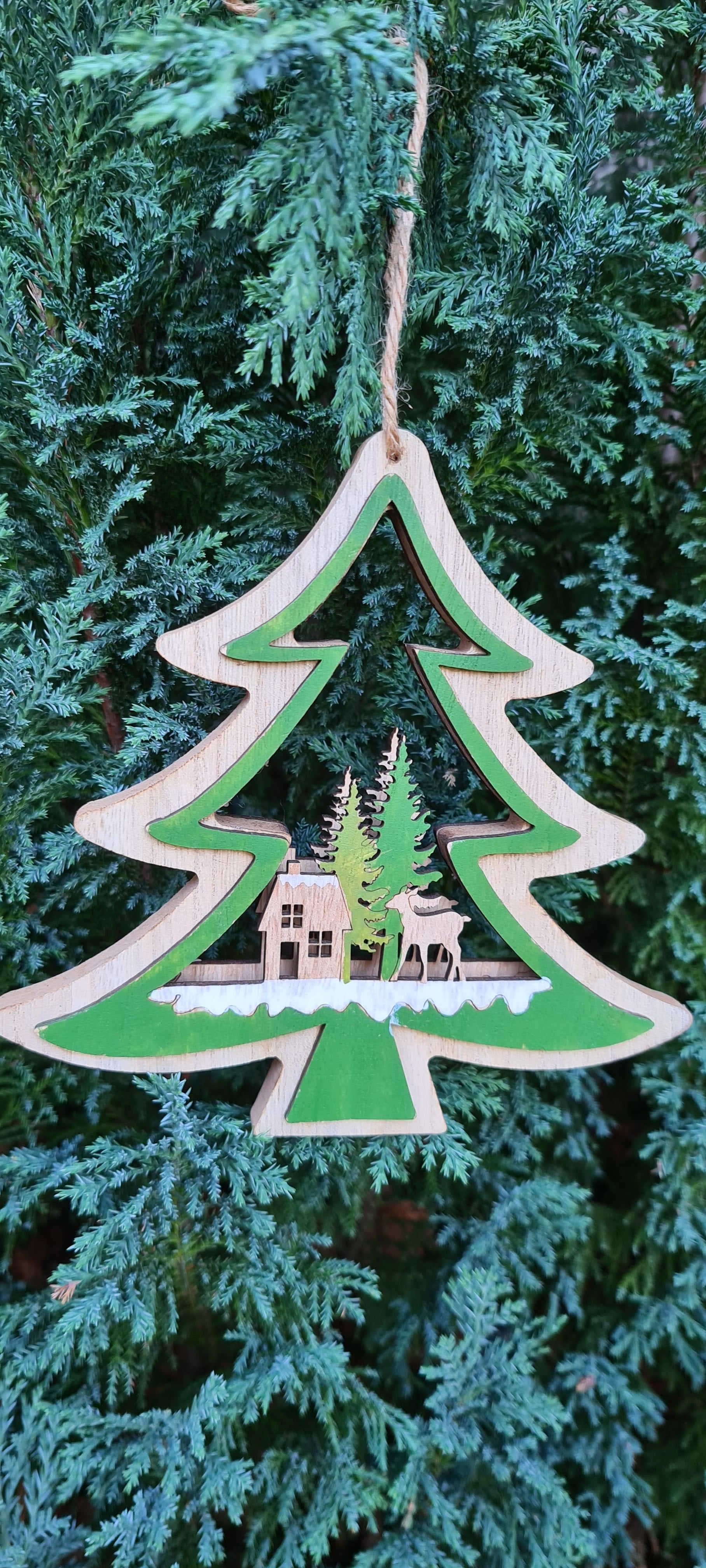 Large 3D Wood Christmas Tree Ornament with Hand-painted Winter Wonderland Scene