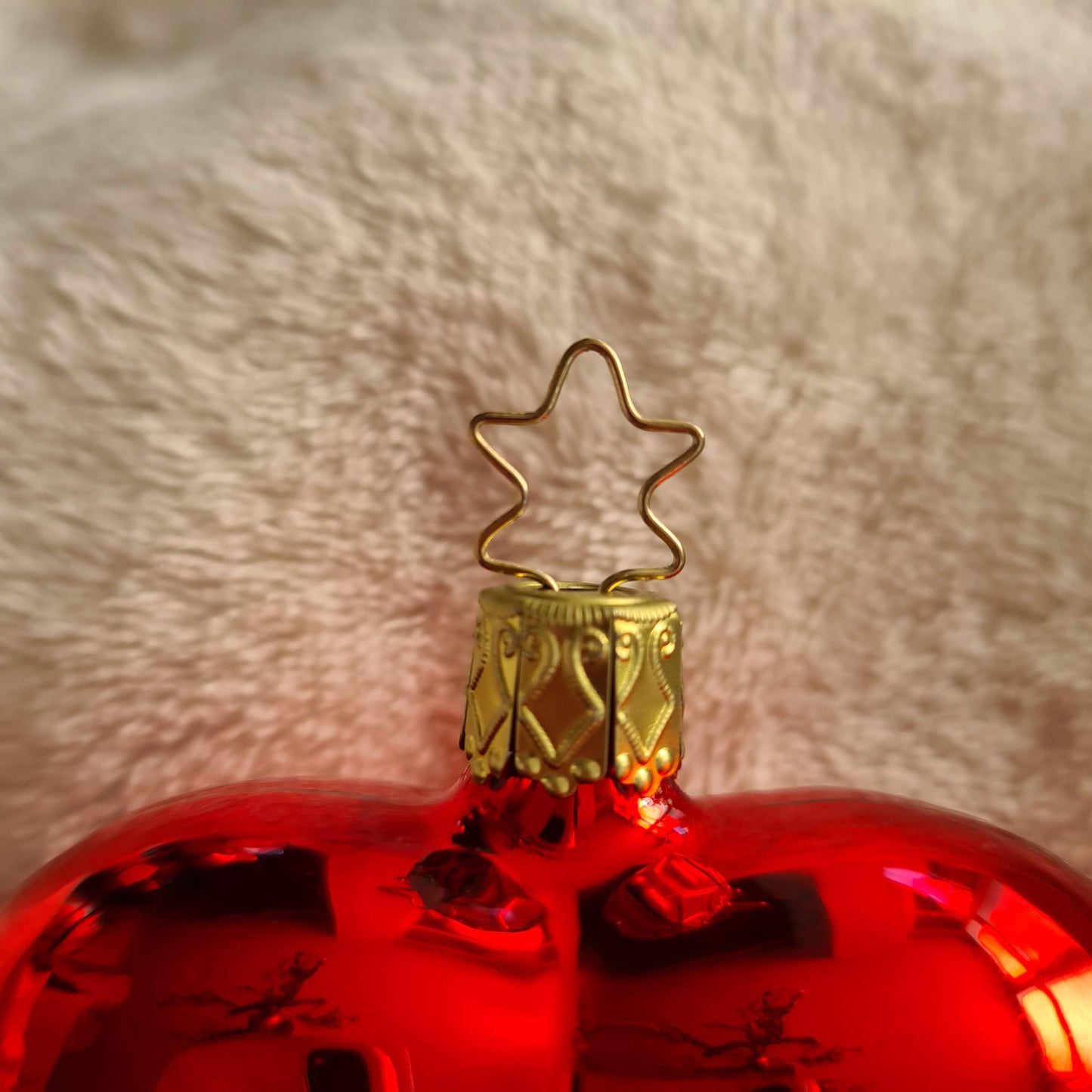 Set of 2 red heart-shaped glass Ornaments with white text