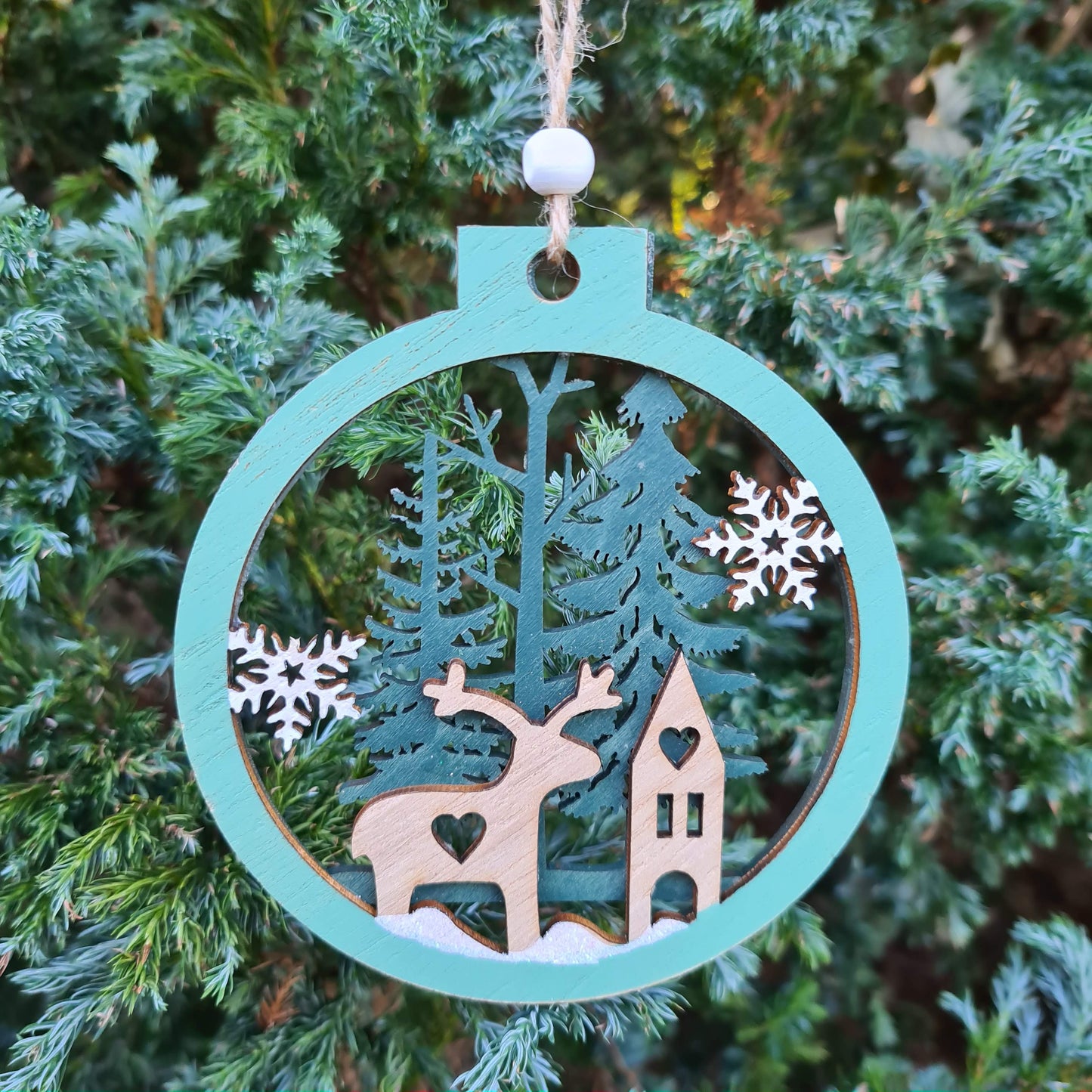 Wooden Ornaments in a Christmas Ball Shape with a 3D Effect Hand-painted Winter Wonderland with reindeer Christmas forest