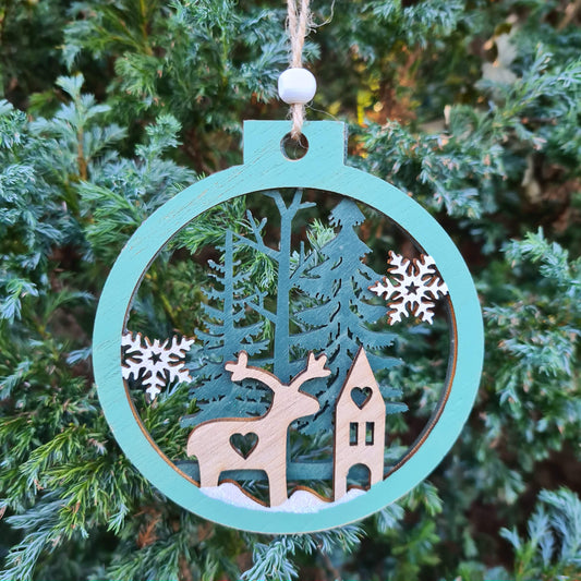 Set of 2 Wooden Ornaments in a Christmas Ball Shape with a 3D Effect Hand-painted Winter Wonderland with reindeer Christmas forest