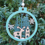 Cargar imagen en el visor de la galería, Set of 2 Wooden Ornaments in a Christmas Ball Shape with a 3D Effect Hand-painted Winter Wonderland with reindeer Christmas forest
