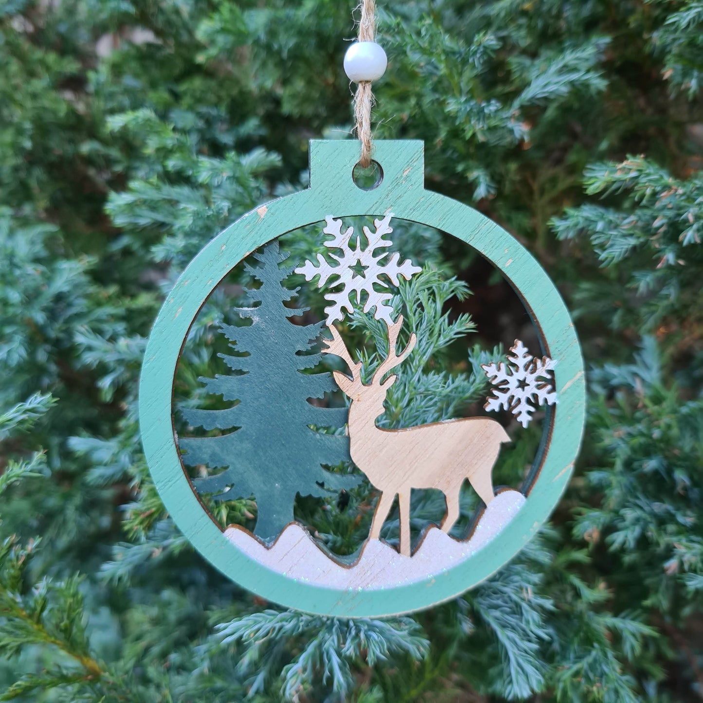 Set of 2 Wooden Ornaments in a Christmas Ball Shape with a 3D Effect Hand-painted Winter Wonderland with reindeer Christmas forest