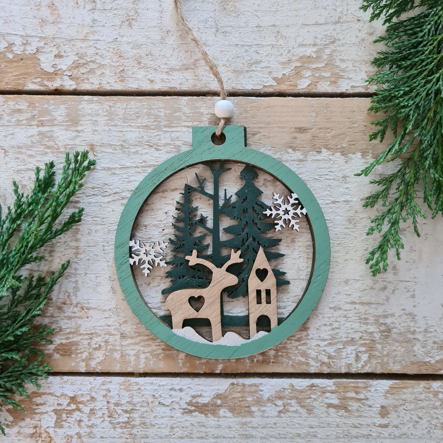 Set of 2 Wooden Ornaments in a Christmas Ball Shape with a 3D Effect Hand-painted Winter Wonderland with reindeer Christmas forest