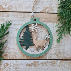 Set of 2 Wooden Ornaments in a Christmas Ball Shape with a 3D Effect Hand-painted Winter Wonderland with reindeer Christmas forest