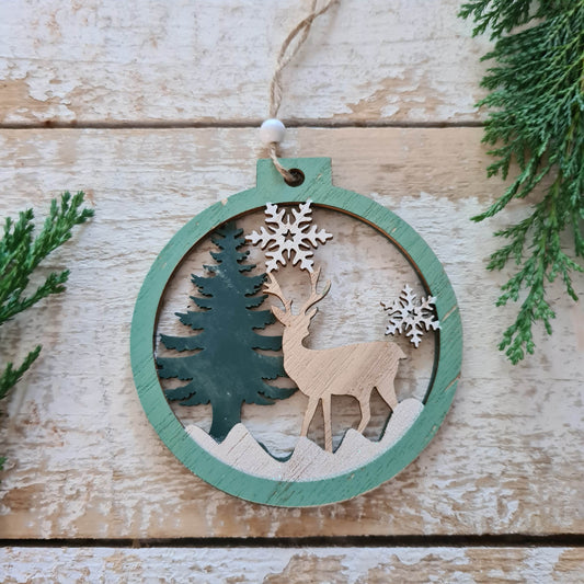 Set of 2 Wooden Ornaments in a Christmas Ball Shape with a 3D Effect Hand-painted Winter Wonderland with reindeer Christmas forest