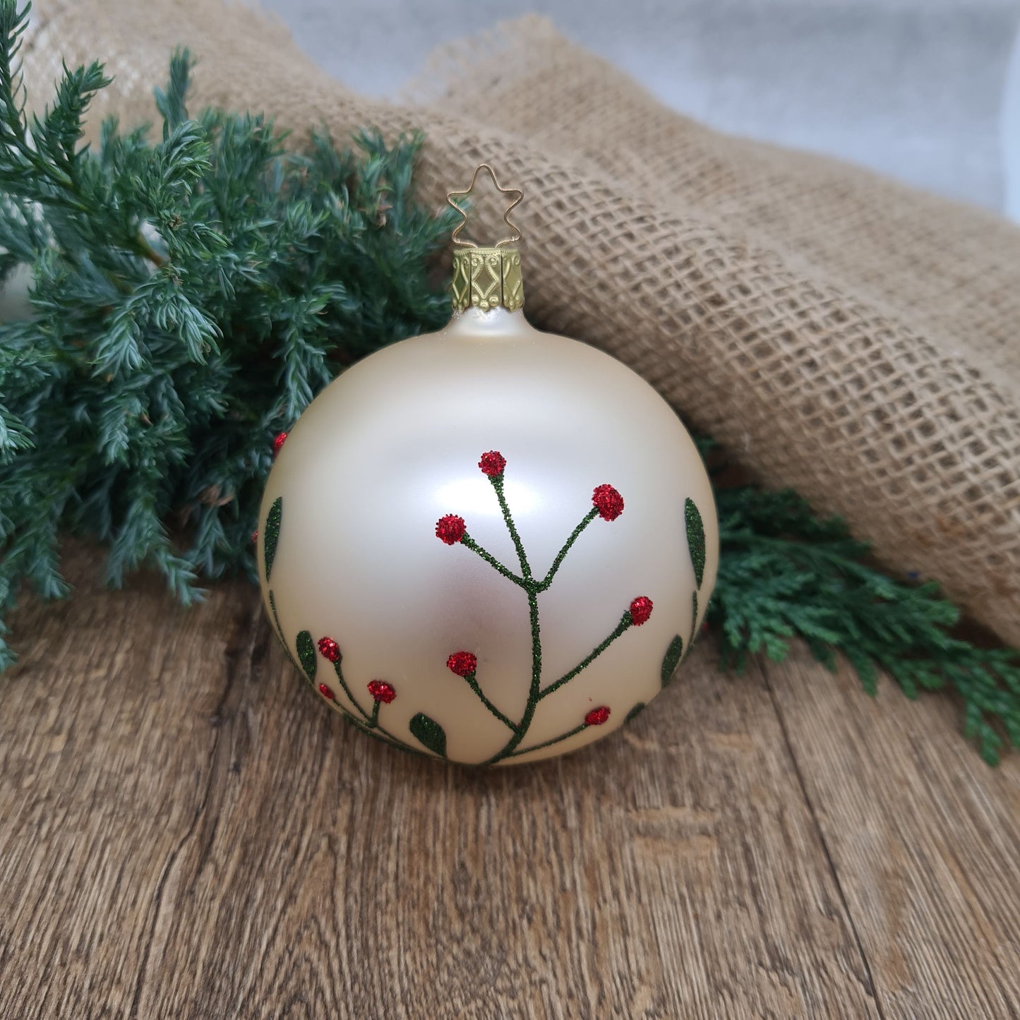Mouth-Blown Bauble with hand-painted wildflowers with glitter paint