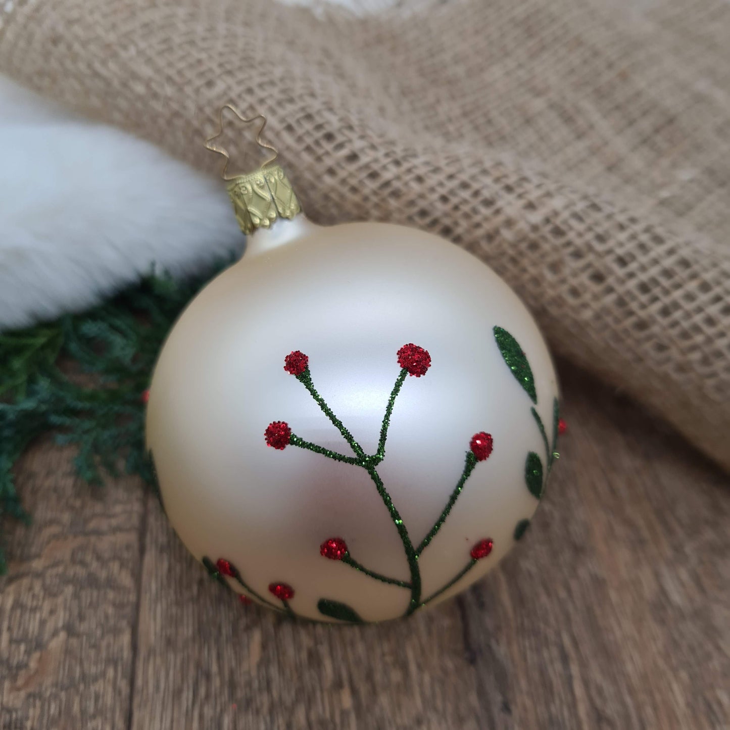 Mouth-Blown Bauble with hand-painted wildflowers with glitter paint