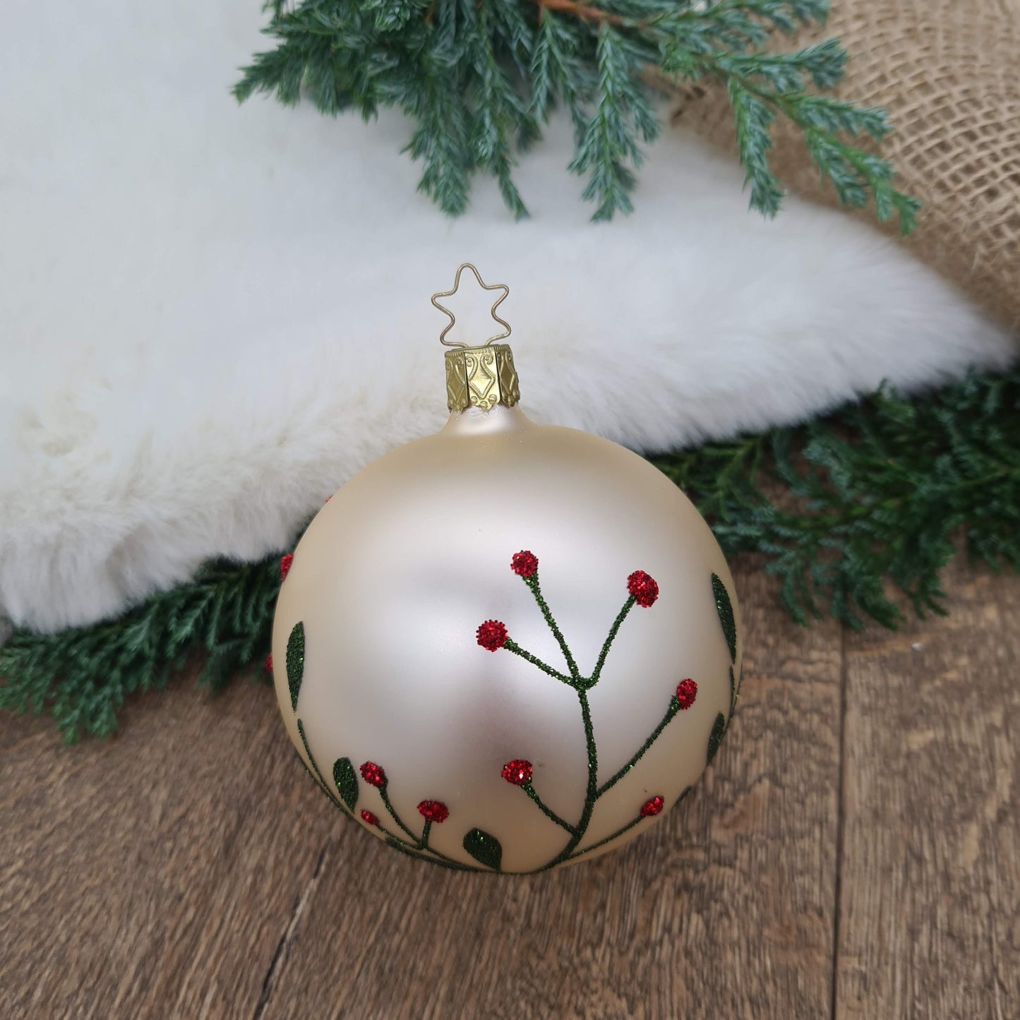Mouth-Blown Bauble with hand-painted wildflowers with glitter paint