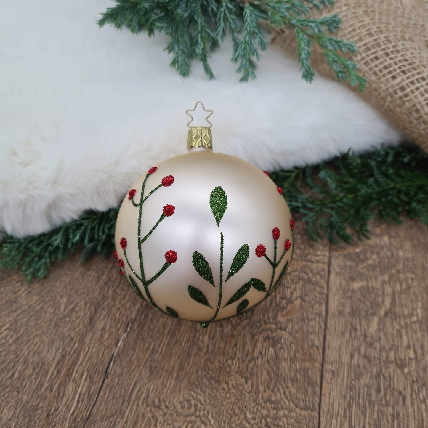 Mouth-Blown Bauble with hand-painted wildflowers with glitter paint