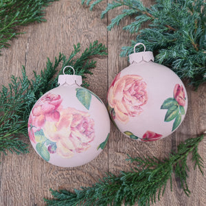 Stunning Set of 2 Handmade Christmas Balls in Blush Pink with Floral Decoupage