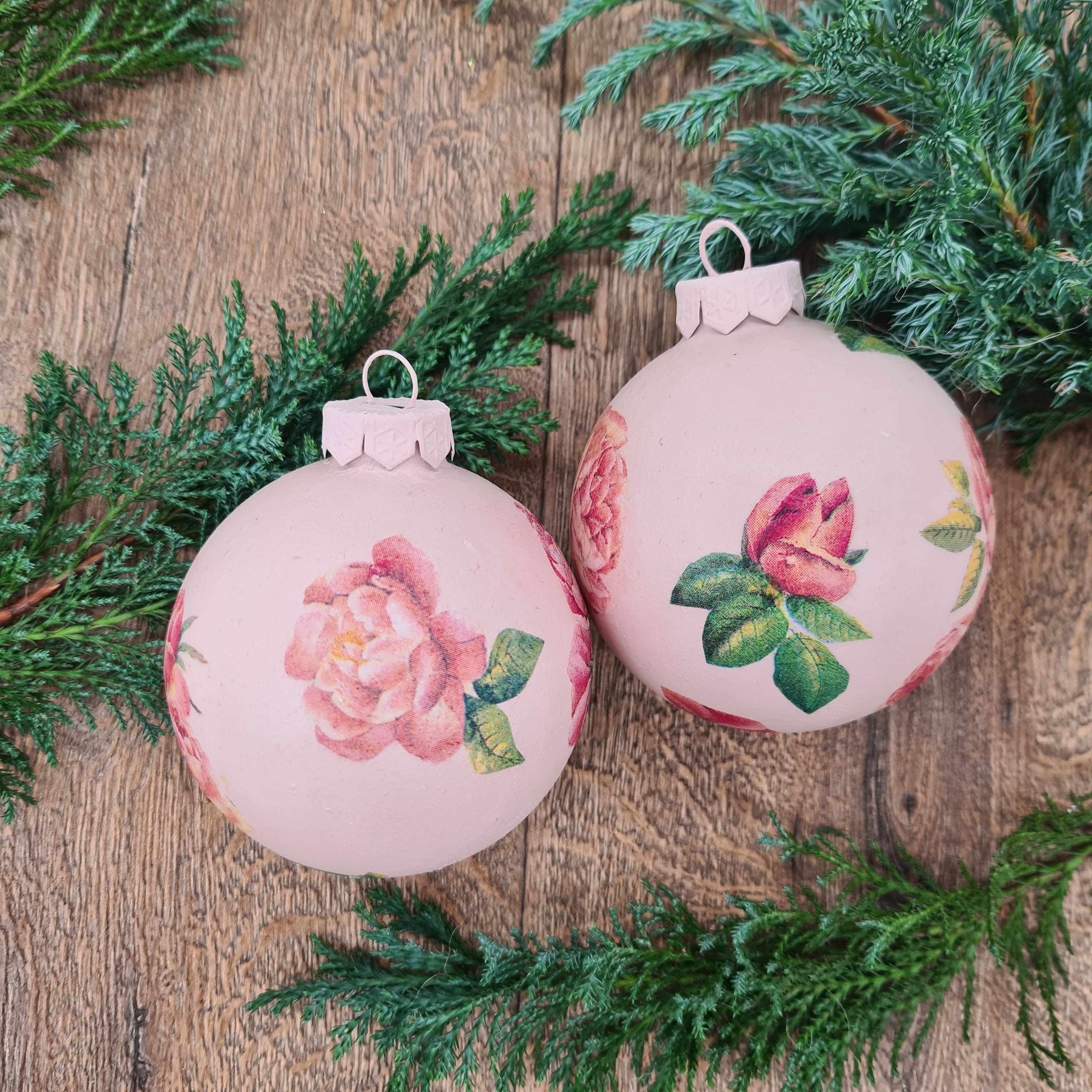 Stunning Set of 2 Handmade Christmas Balls in Blush Pink with Floral Decoupage