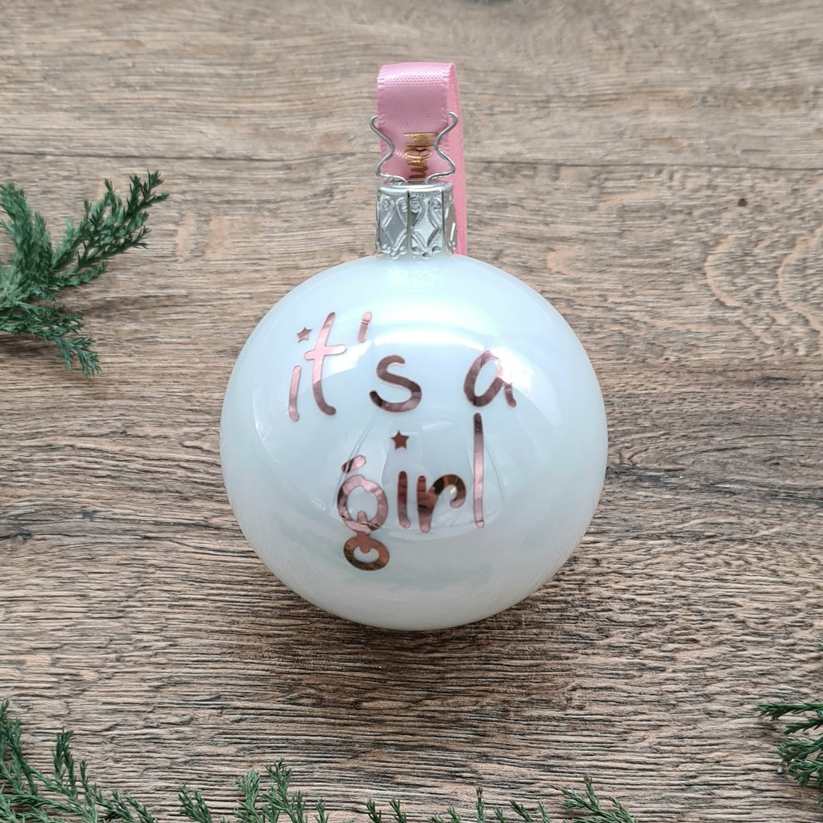 Rose Gold Text on White Glass Christmas Bauble