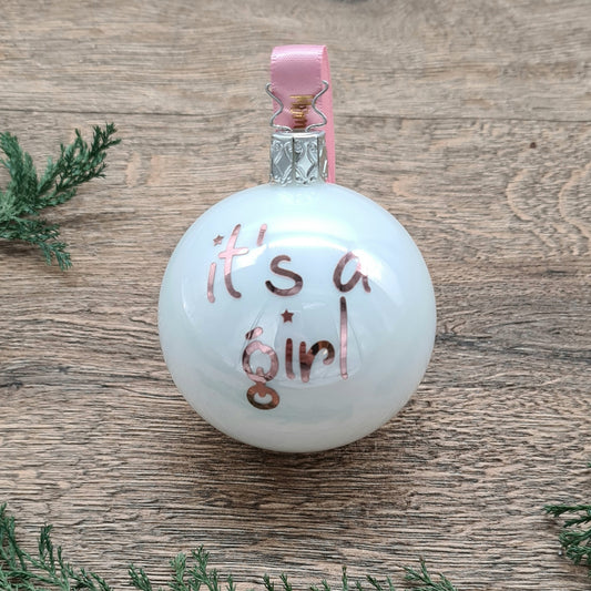 Rose Gold Text on White Glass Christmas Bauble