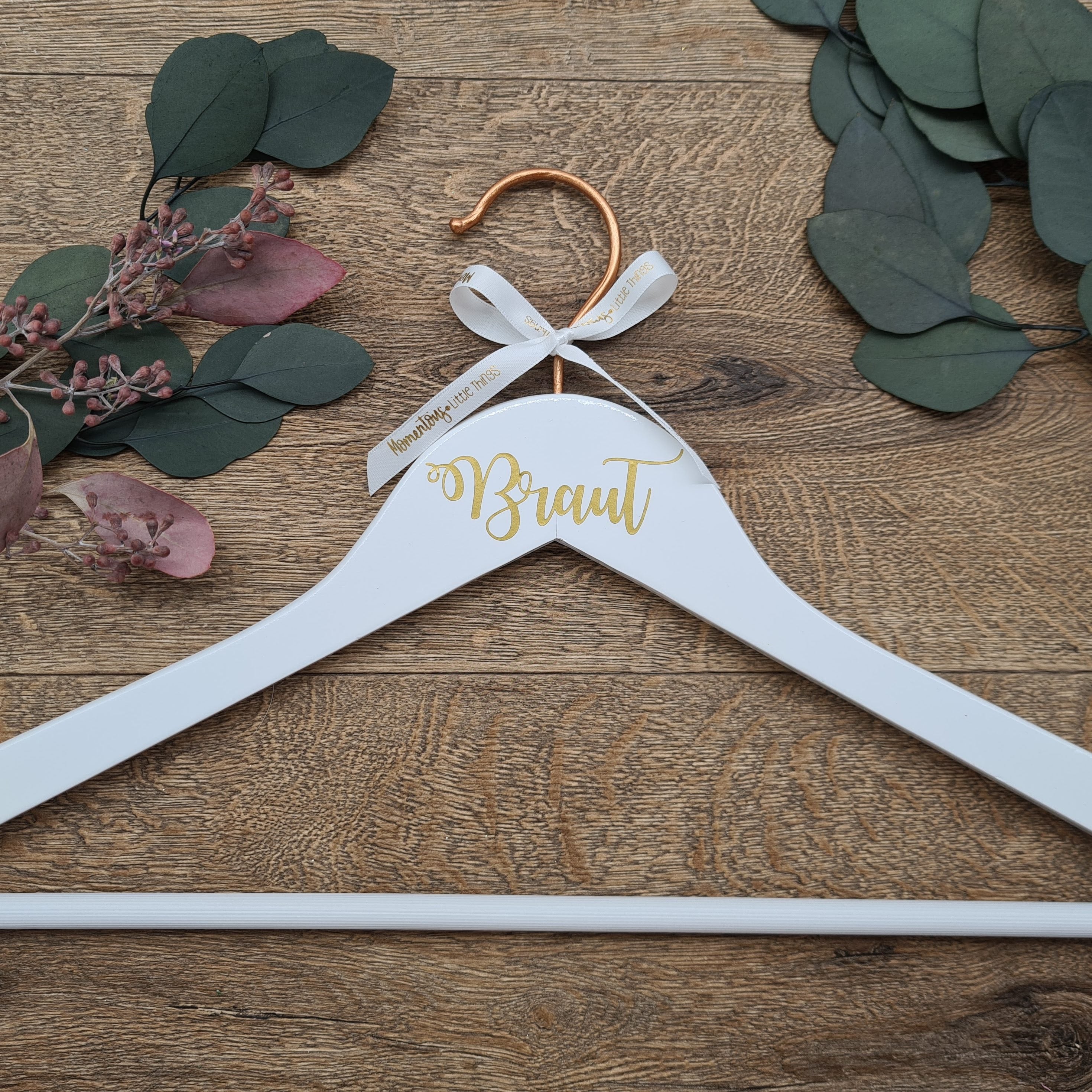 Wedding dress Hanger for Bride with Copper Hook and Gold Text with "Braut"