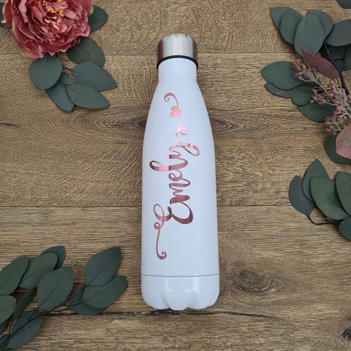 Rose Gold Name on a White Thermo Bottle