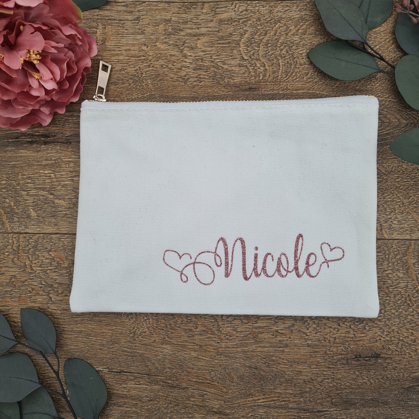 Pink Glitter Personalisation on White Eco-Friendly Cotton Cosmetic Make Up Bag