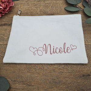 Pink Glitter Personalization on White Eco-Friendly Cotton Cosmetic Make Up Bag