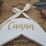 Load image into Gallery viewer, Copper &amp; White Wedding Hanger with GLITTER Gold Name
